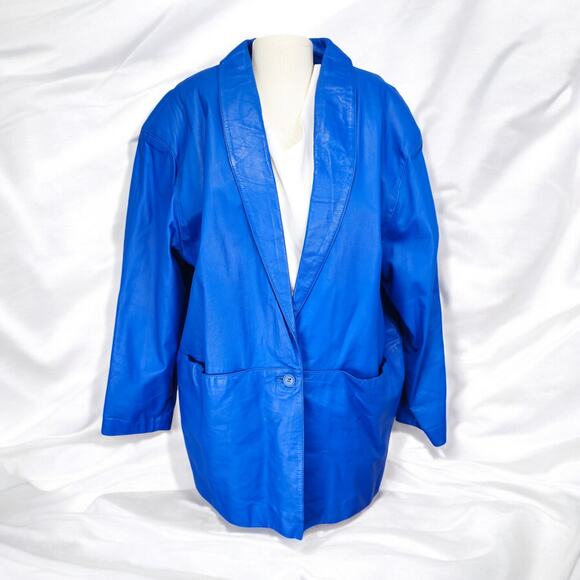 80s Retro Blue Leather Blazer Jacket Vintage Size L - Picture 1 of 16